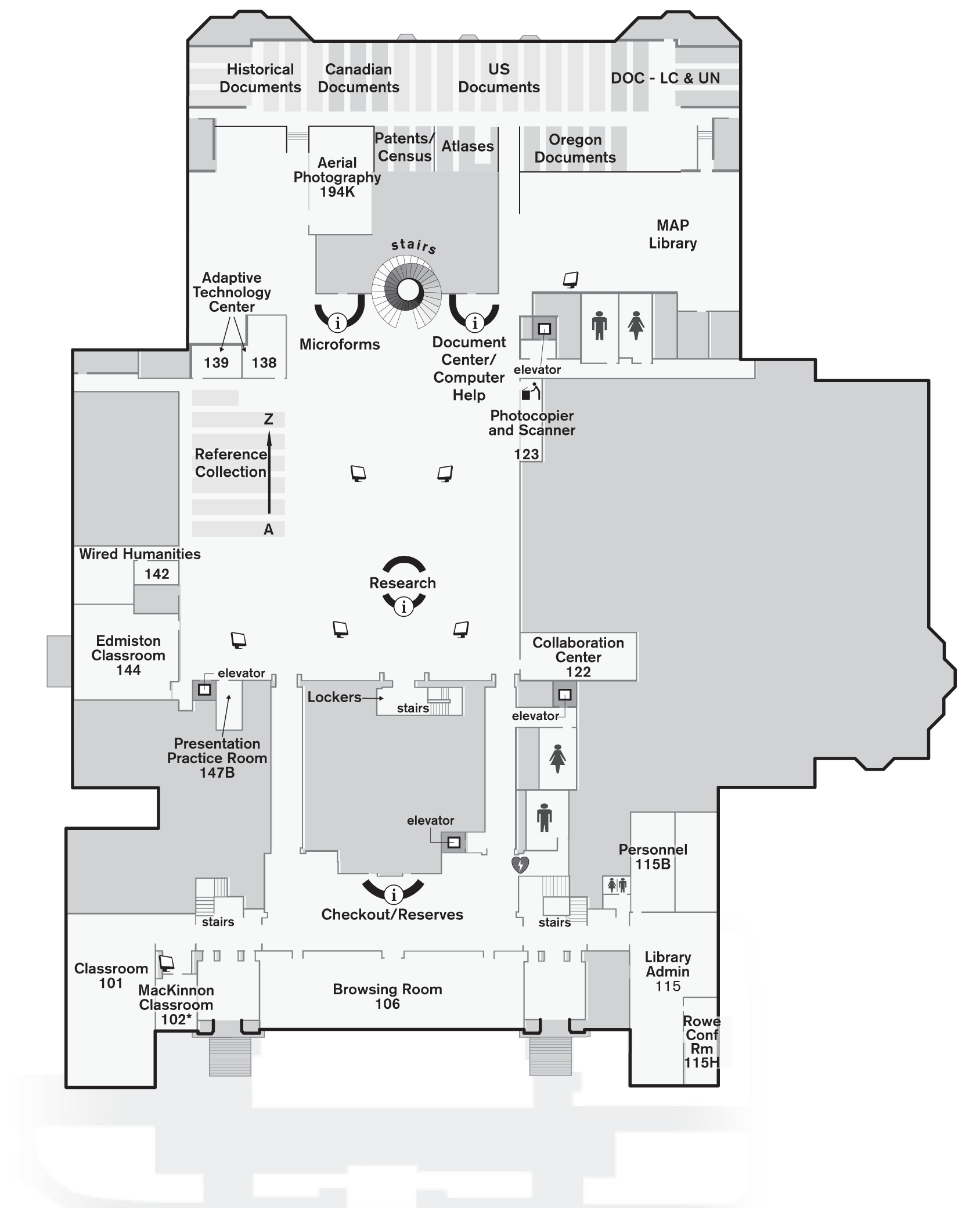Large main floor map of the Knight Library.