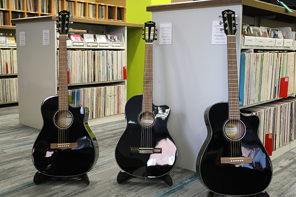 Three guitars in the Douglass Room