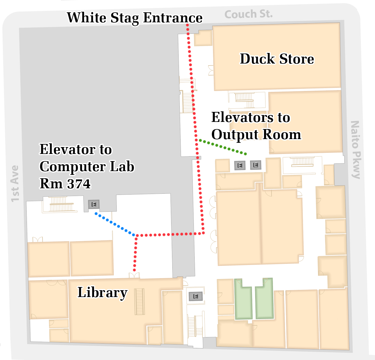 White Stag Block main floor map to UO Portland showing entrance on Couch Street with path to Output Room, Library and Skidmore Lab