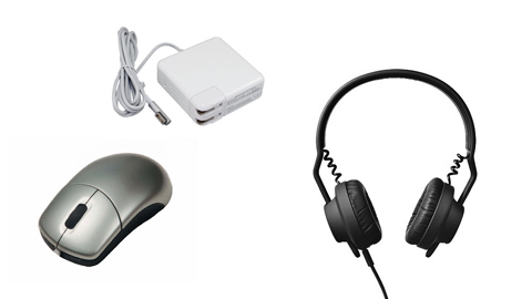 computer mice, chargers, headphones