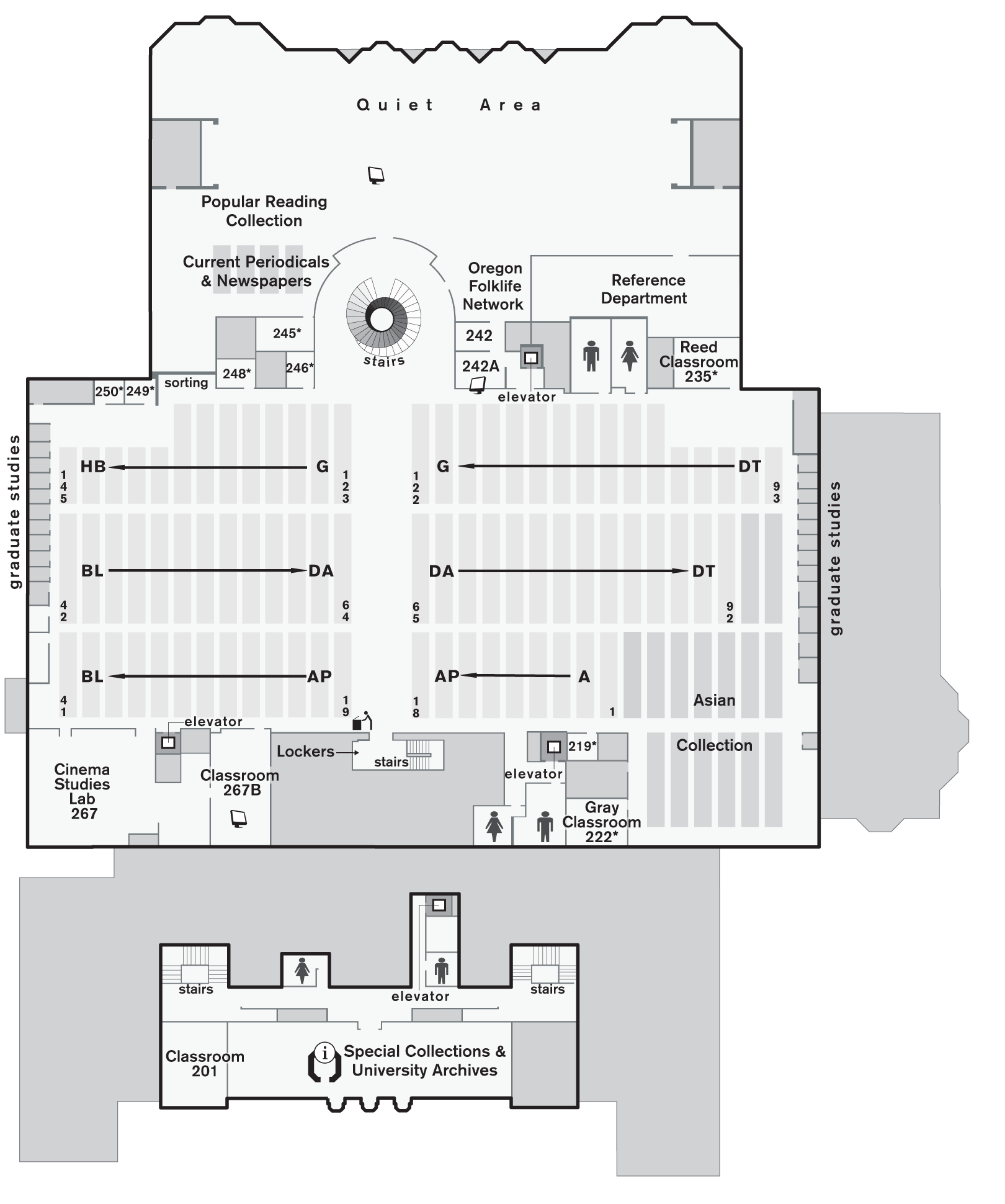 Large second floor map of the Knight Library.