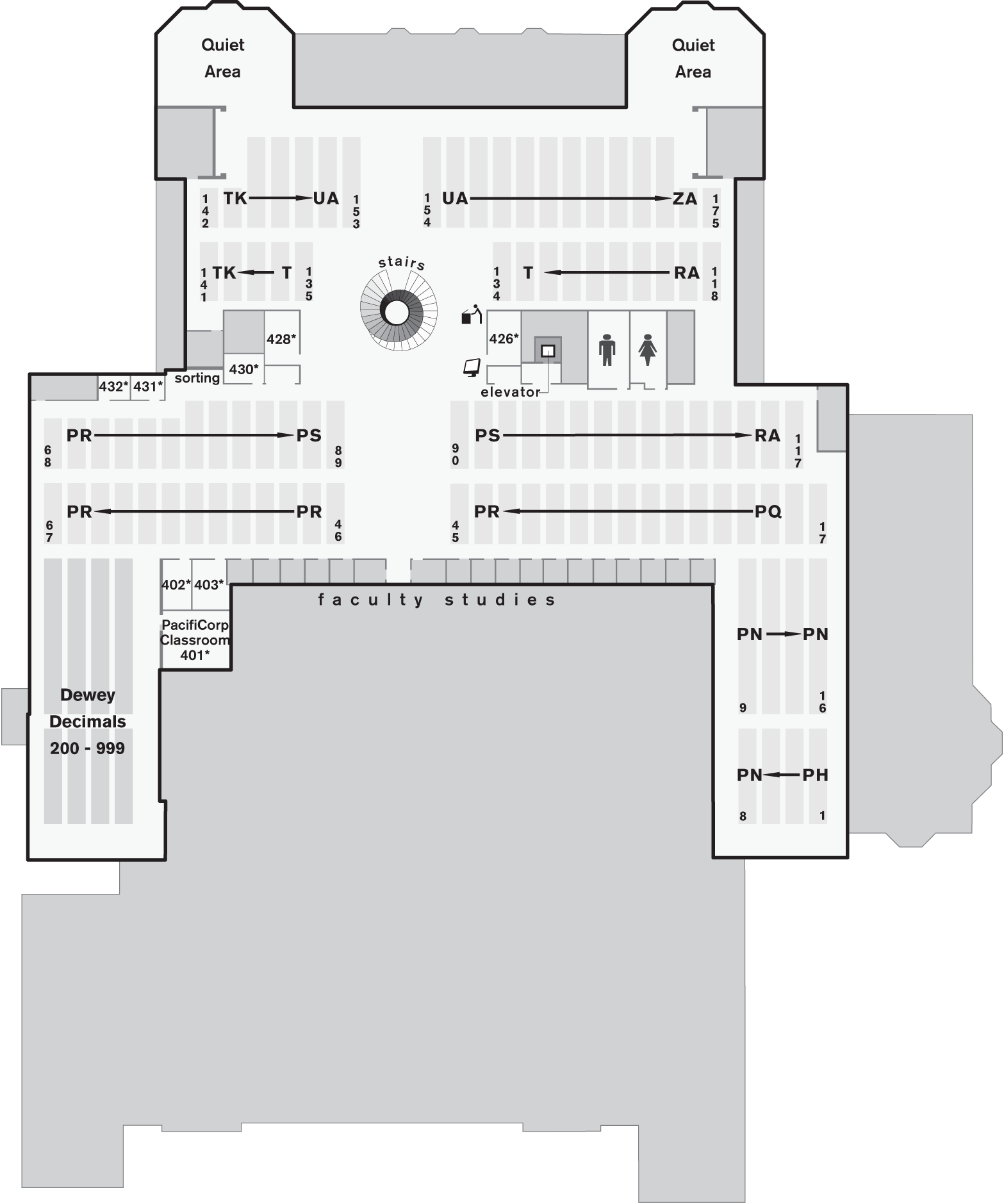 Large Fourth floor map of the Knight Library.