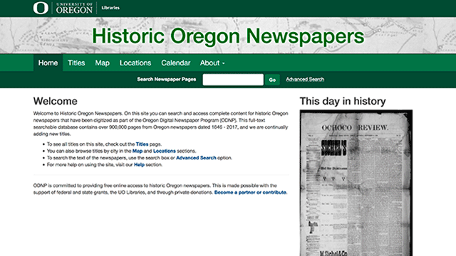 Screen capture of the Historic Oregon Newspaper Project website in green and grayscale colors.