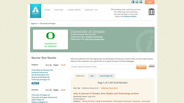 Screen capture of the UO website archives. The website is in a cream background with light colored green and black text.