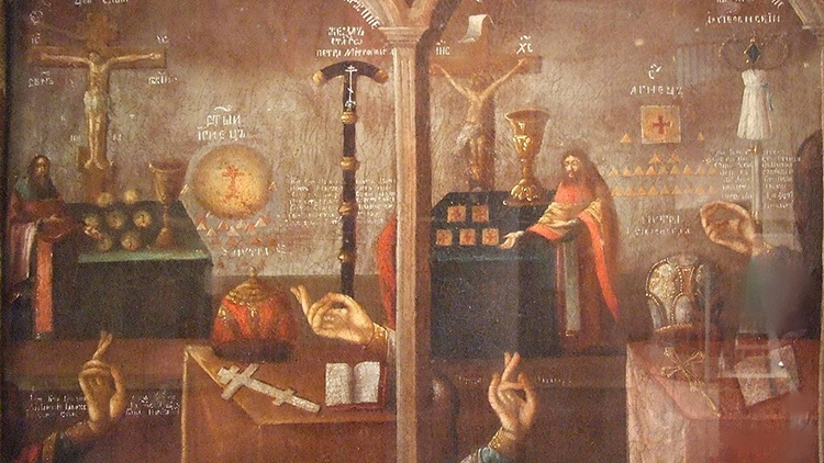 Painting (by an unknown artist) depicts the changes in the symbols from the old believers to the Russian Orthodoxy including hand gestures to make the sign of the cross and how Jesus is positioned on the cross.