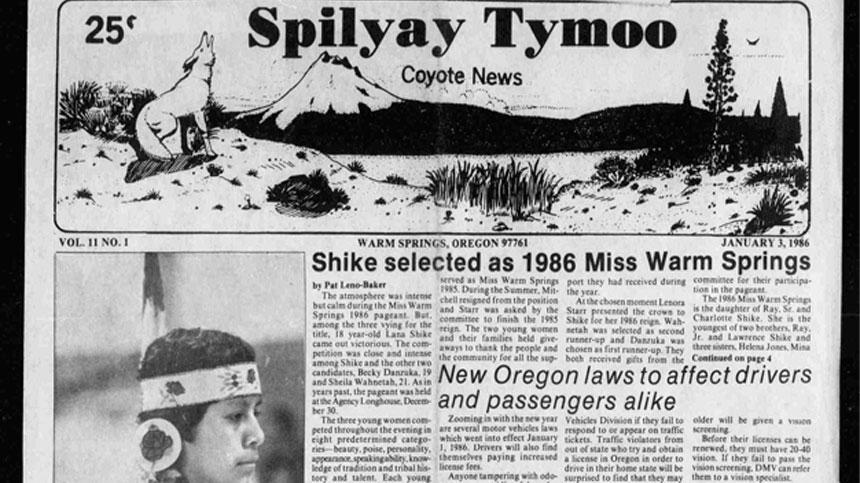 Front page of the Spilyay Tymoo newspaper, January 3, 1986, from Warm Springs, Oregon