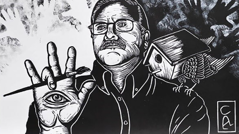 cropped image of a lino cut self portrait by David Call, image of a birdhouse with wings and an eye in the palm of the hand 