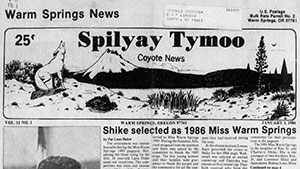 The masthead of the Spilyay Tymoo ("Coyote News") newspaper from Warm Springs, Oregon