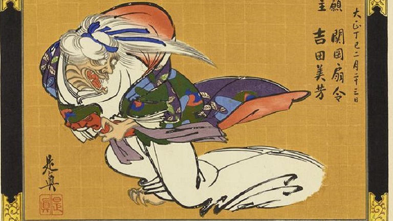 Japanese print depicts a demon in a kimono