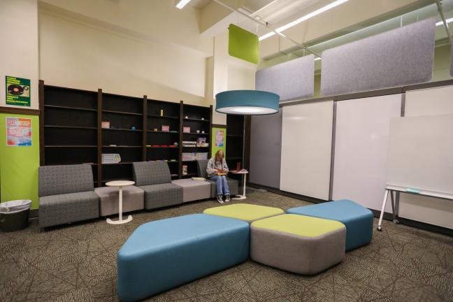 A view of the same room from a different angle which shows large bookshelves built into the wall.