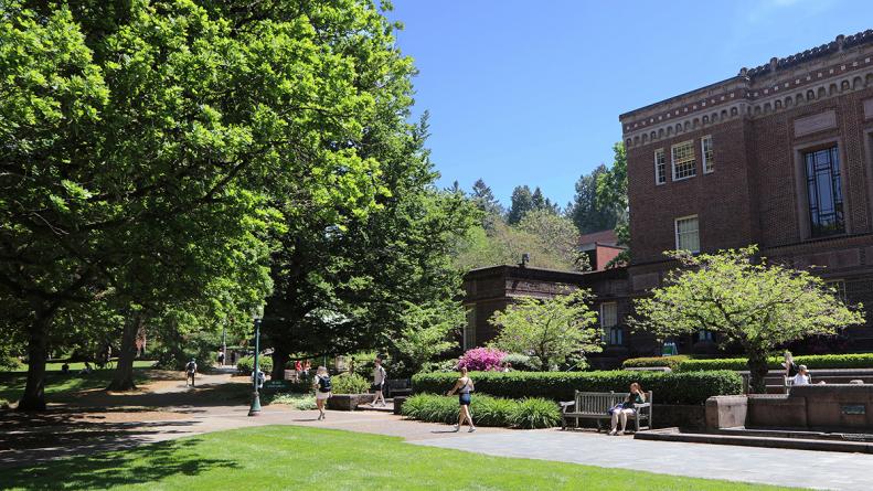 Exterior of the Knight Library in spring.