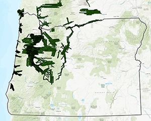 Map of Oregon with darkened areas where photograph exist in the Aerial Photography collection