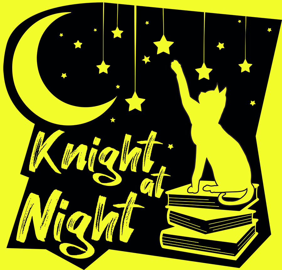 Knight at Knight Logo; a cat sitting on a stack of books, pawing up at hanging paper stars.