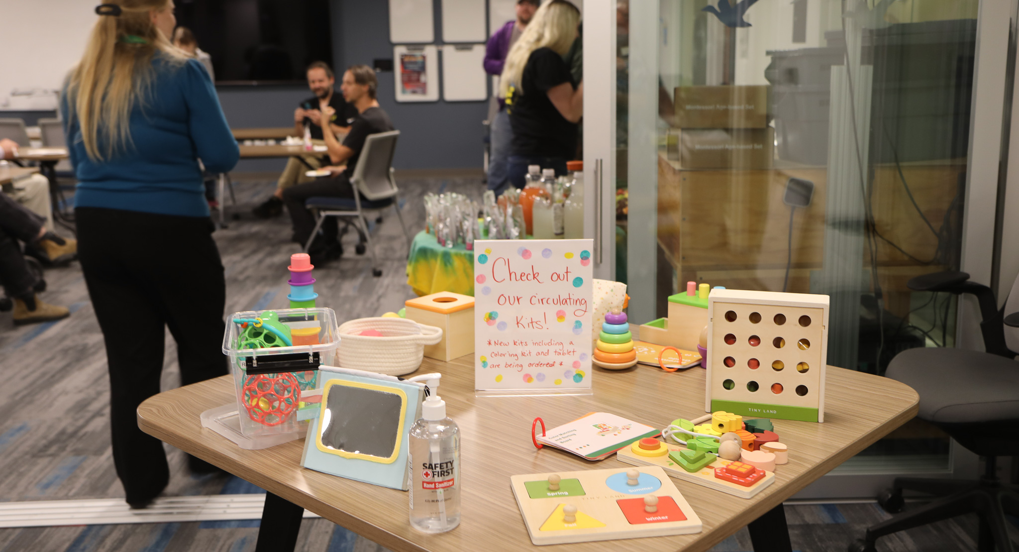 Display of the toys available to checkout while using the ABC 123 Room in Knight Library