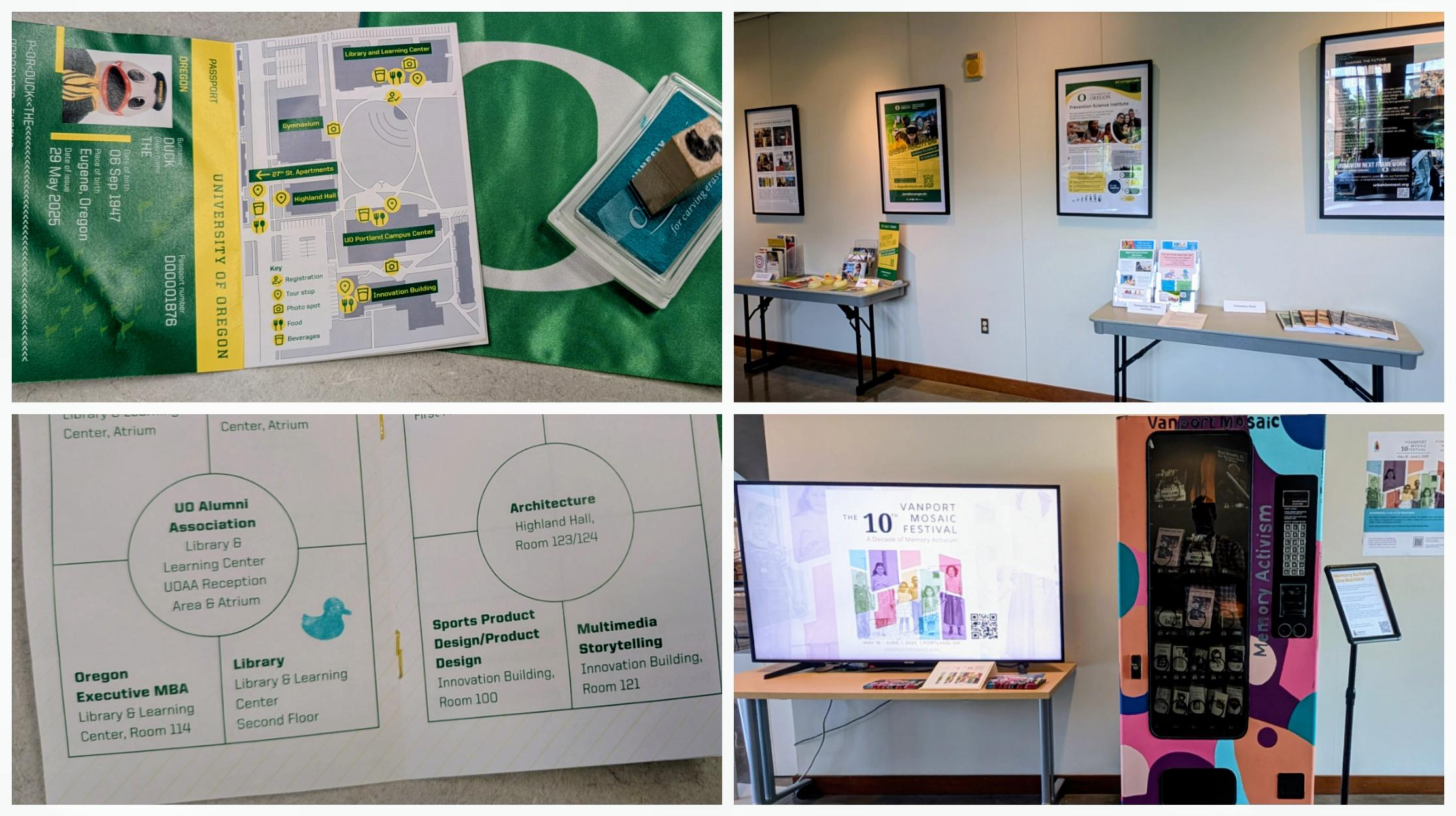 Four-image photo mosaic featuring promotional materials and exhibits from the UO Portland grand opening.