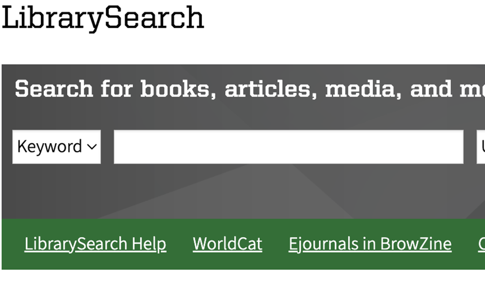 The UO Libraries' search function with drop down and text form.