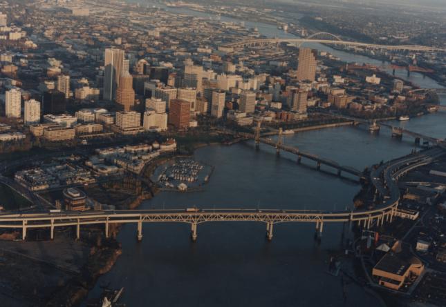 Photograph of downtown Portland, Oregon from the air