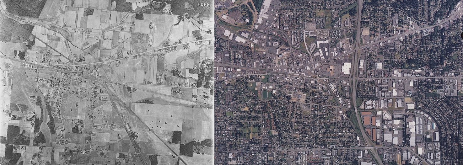 Two photographs of Beaverton, Oregon in 1936 and 2000