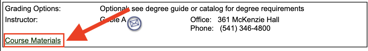 The course materials hyperlink on the UO Class Schedule, which links to assigned course materials on the Duck Store website