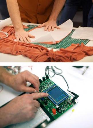 Hands laying out embrodery and another pair of hands working on electronics