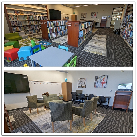 Two views of the children's library including books on shelves, seating, and computer workstations