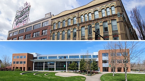 Photo of both UO Portland Library buildings