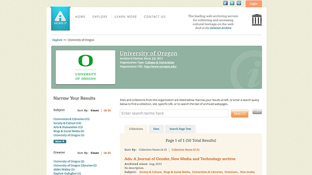 University of Oregon Libraries Archive-It collection page