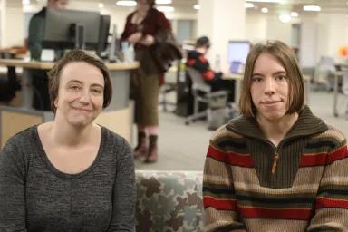 Librarians Gabriele Hayden (left) and Erin Winter