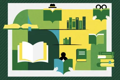 Green and yellow graphic showing books and people