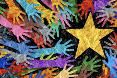 Construction-paper collage featuring multi-colored hands reaching for a big, yellow star.