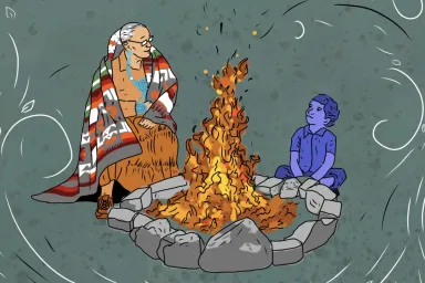 Illustration of elder Native American woman in traditional dress sitting next to a campfire with a child wearing contemporary clothes. (Courtesy of BTAA).