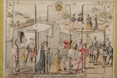 Illustrated game board from a 19th-century French lotto game shows noble lords and ladies in a courtyard with armored knights on horseback.