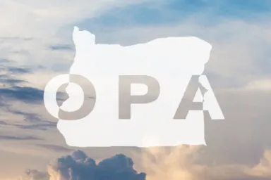 OPA logo featuring outline of the state placed against a background of blue sky with clouds.