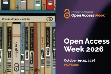 International OA Week poster image shows spines of academic books with price tags attached, showing prices in various currencies.