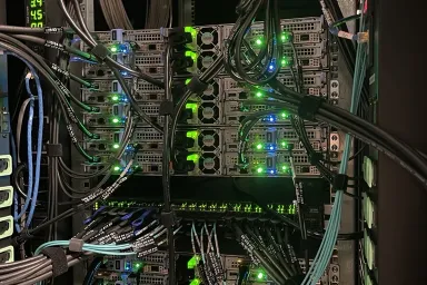 Close-up of interconnects inside Talapas, the University of Oregon's supercomputer.