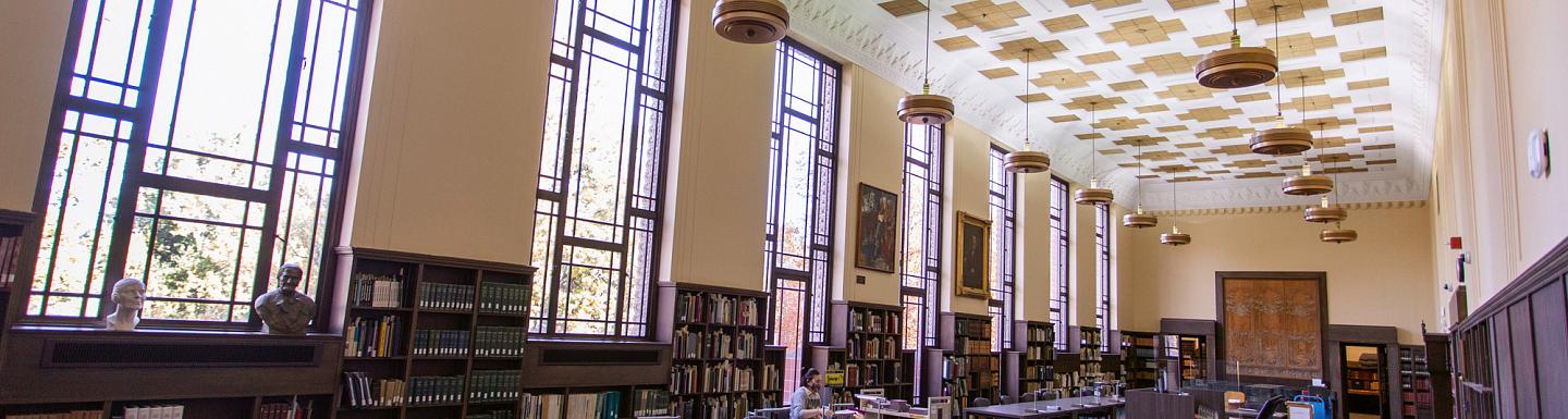 Reading room with windows along one wall in Special Collections and University Archives