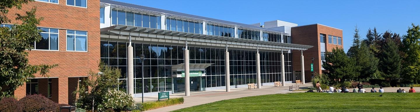 UO Portland Library and Learning Center building and campus central lawn