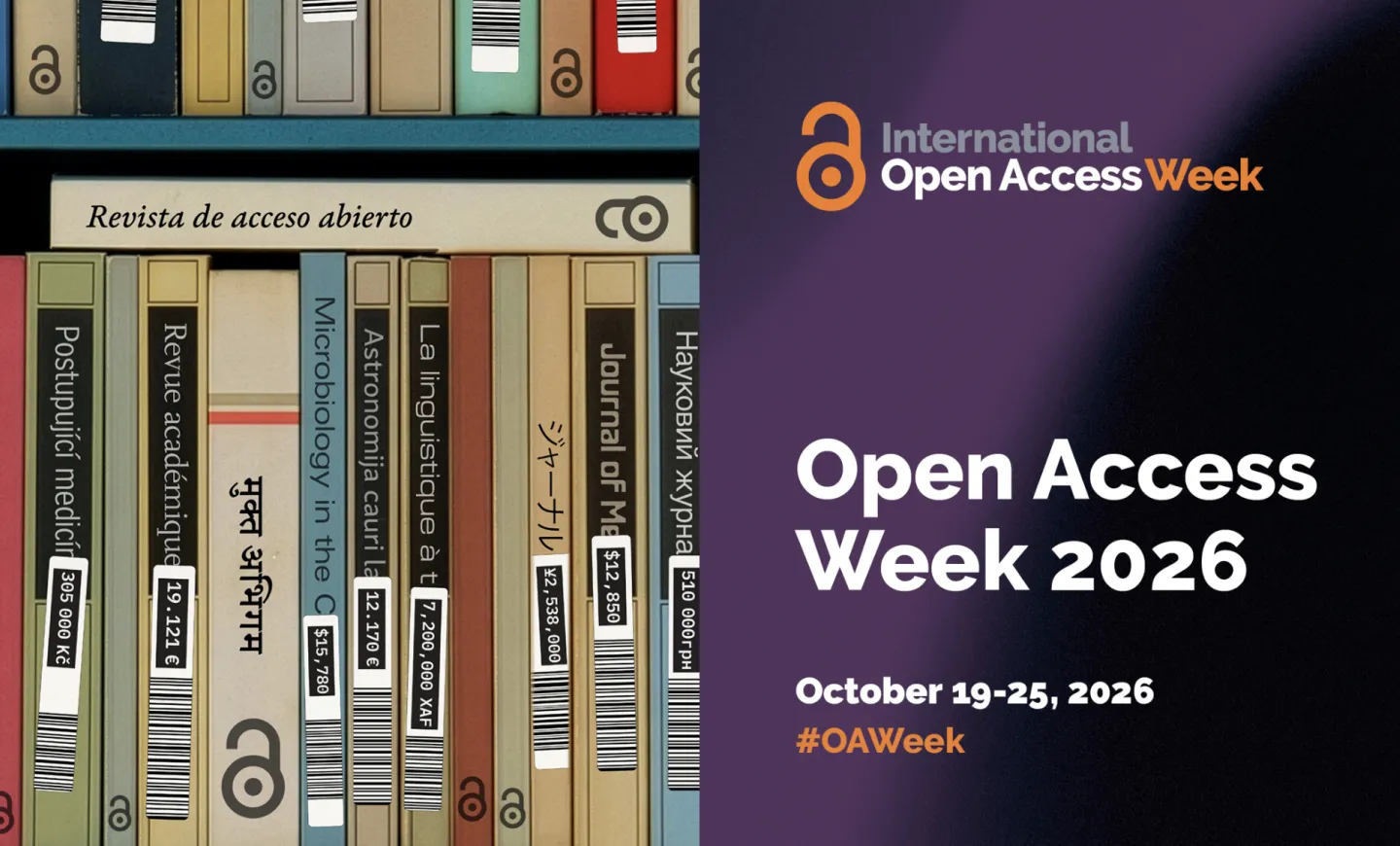 International OA Week poster image shows spines of academic books with price tags attached, showing prices in various currencies.