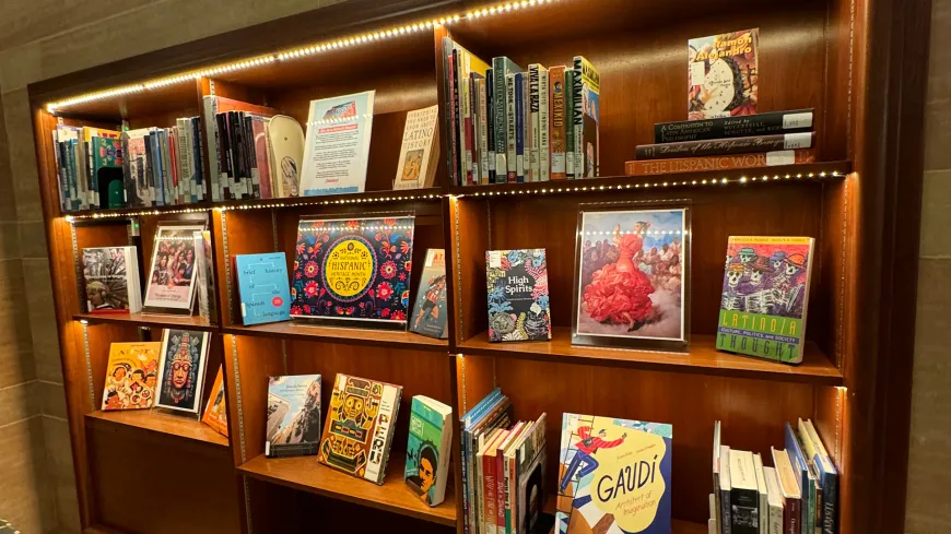 A bookshelf with a display of books