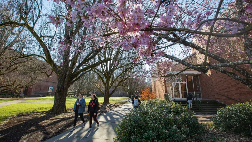 people walking on campus in spring