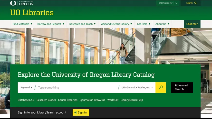 UO Libraries webpage with search box