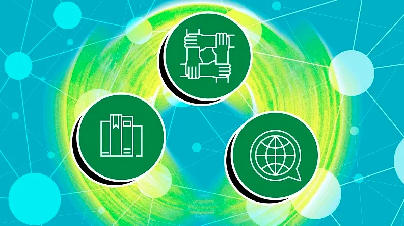 Illustration shows 3 circular icons depicting books, a globe, and a four hands grasping each others&#039; wrists to make a square shape.