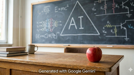 A red apple sitting on a teacher's desk. On a chalkboard in the background, the letters AI are written inside of a triangle. A credit indicates the image was generated by Google Gemini.