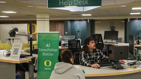 James Daley at the AI Consultation Station with a student