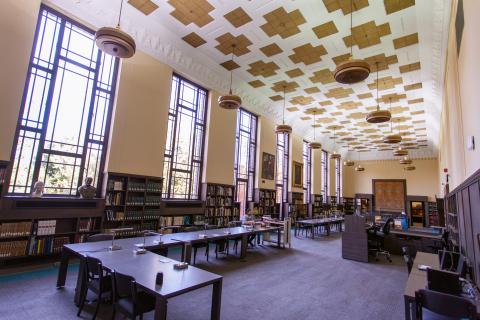 Reading room with windows along one wall in Special Collections and University Archives