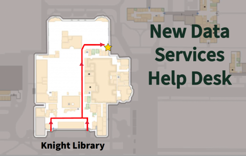 Map showing directions to New Data Services Help Desk: enter at front walk to near back of building and turn right to south west wall