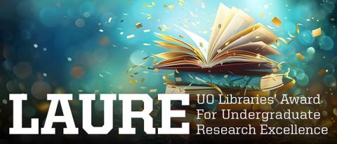 LAURE celebration banner shows stack of books with blue-green background that looks like stars or fireworks are exploding out of an open book.