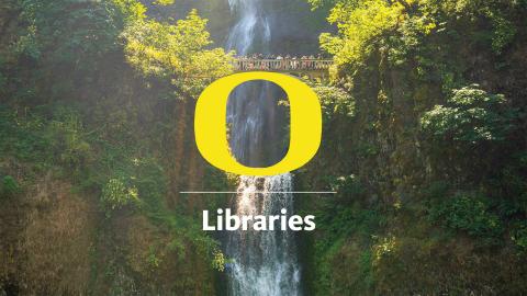 sunlit waterfall with library logo overlaid