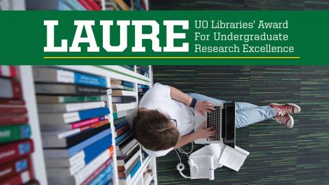 UO Libraries' Award for Undergraduate Research Excellence (LAURE) student sitting on the floor near a bookshelf