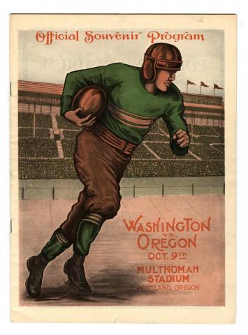 Color image of the cover of program for early 20th century Washington vs. Oregon football game at Multnomah Stadium.